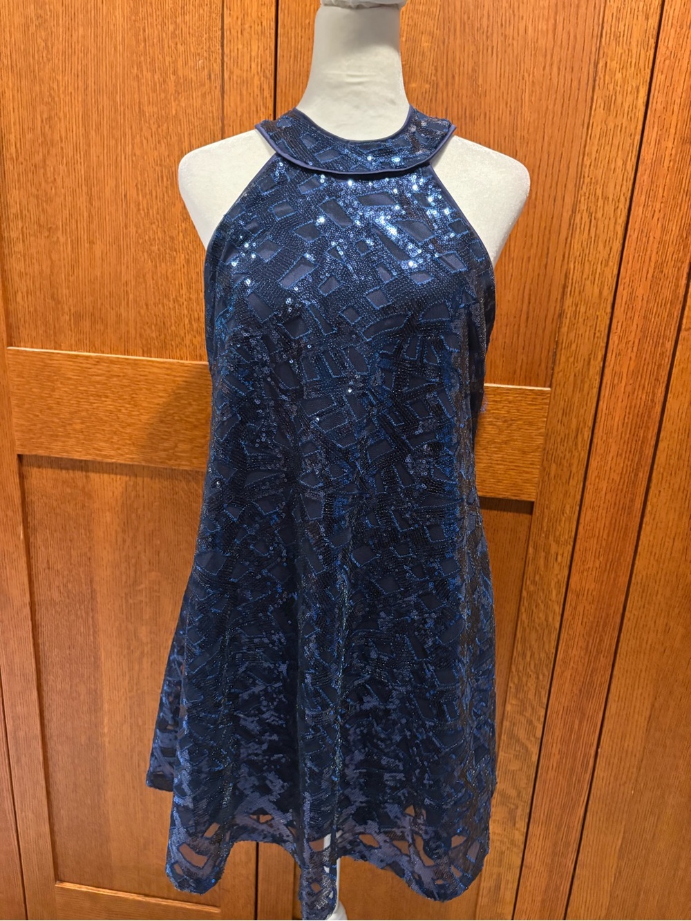 Emerald Sundae Navy Blue Sequin Mesh Mini Halter Racerback Sleeveless Dress SM